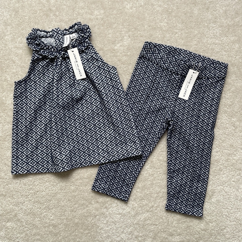 Janie and Jack Floral Jacquard Top And Pants Set Blue White Girls Small NWT